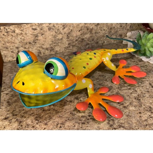 Yard Metal Sculpture Bobble Lizard Yellow WHIMSICAL Garden Statue Outdoor - Picture 1 of 4